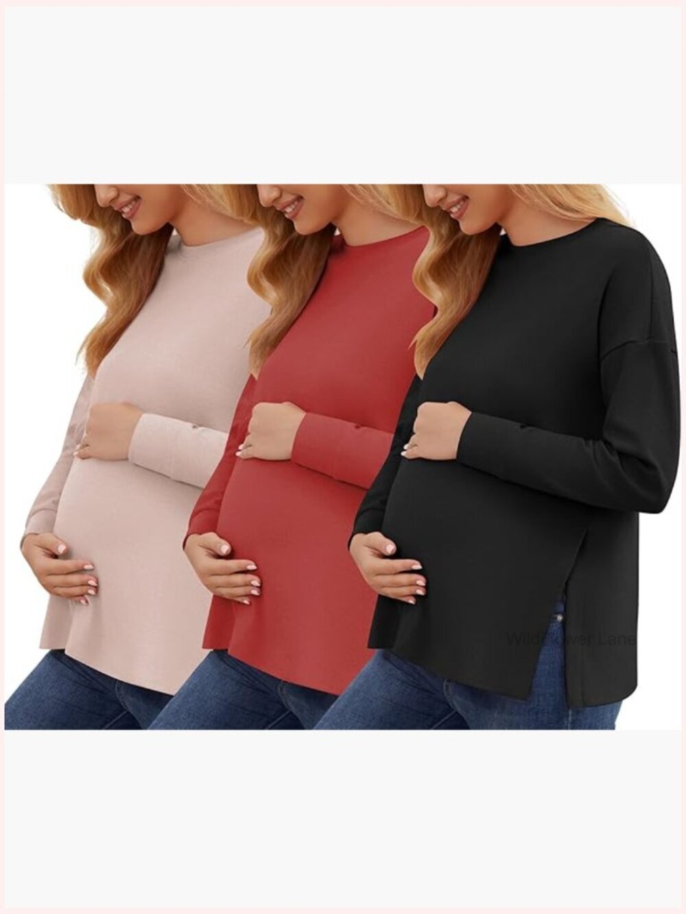 3-Pack Maternity Long Sleeve Tops with Side Slit - Tunic Blouse